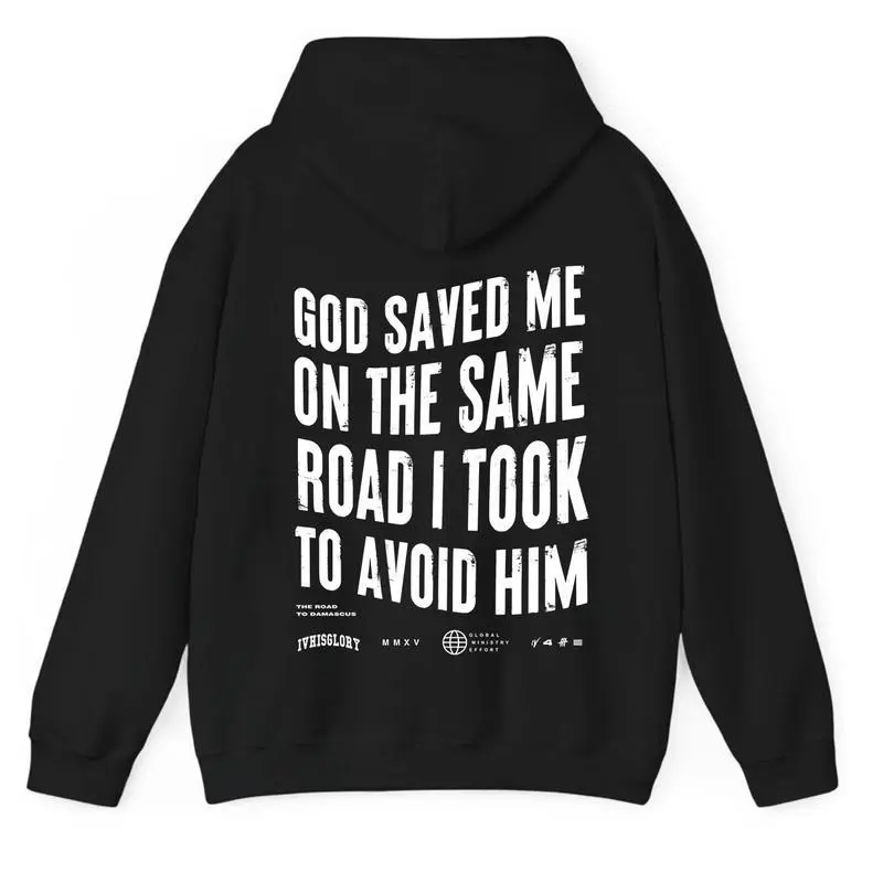 Menswear 'God Saved Me' Graphic Pullover Sweatshirt, Soft Knitted 100% Cotton, Unisex Casual Streetwear Top, Tops, Sweatshirts, Sporty