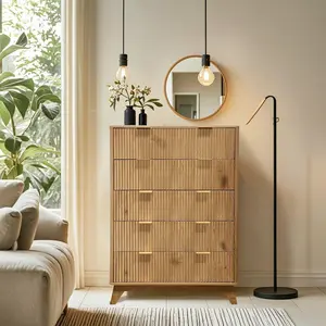 【Christmas Gift】Fluted 5 Drawer Dresser 48in Tall Wood Chest of Drawers Curved Edge Modern Storage Cabinet for Bedroom Living Room Entryway Oak