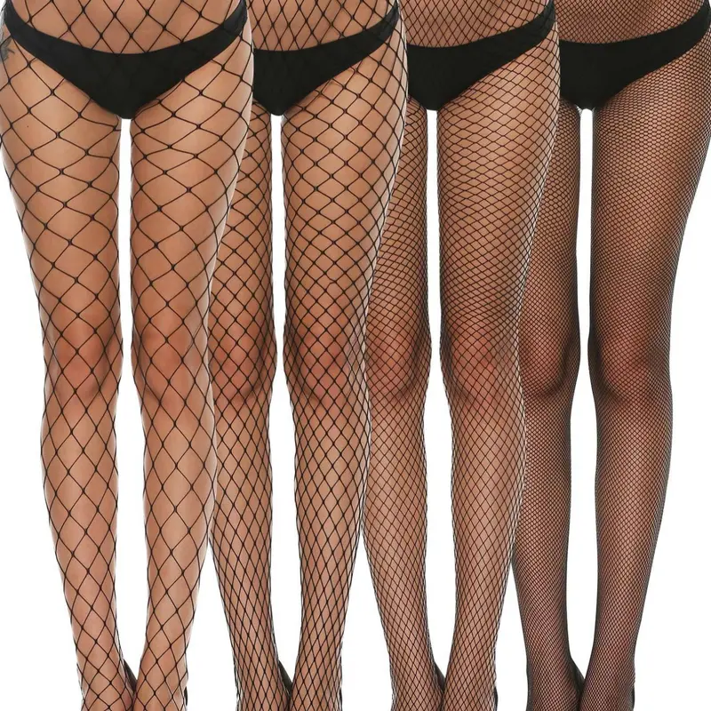 Women's Sexy Fitted Mesh Socks, 4 Pairs Daily Wear Thigh Highs Stockings, Plain Pattern Fishnet Pantyhose, All Season Comfortable Footwear, Tights