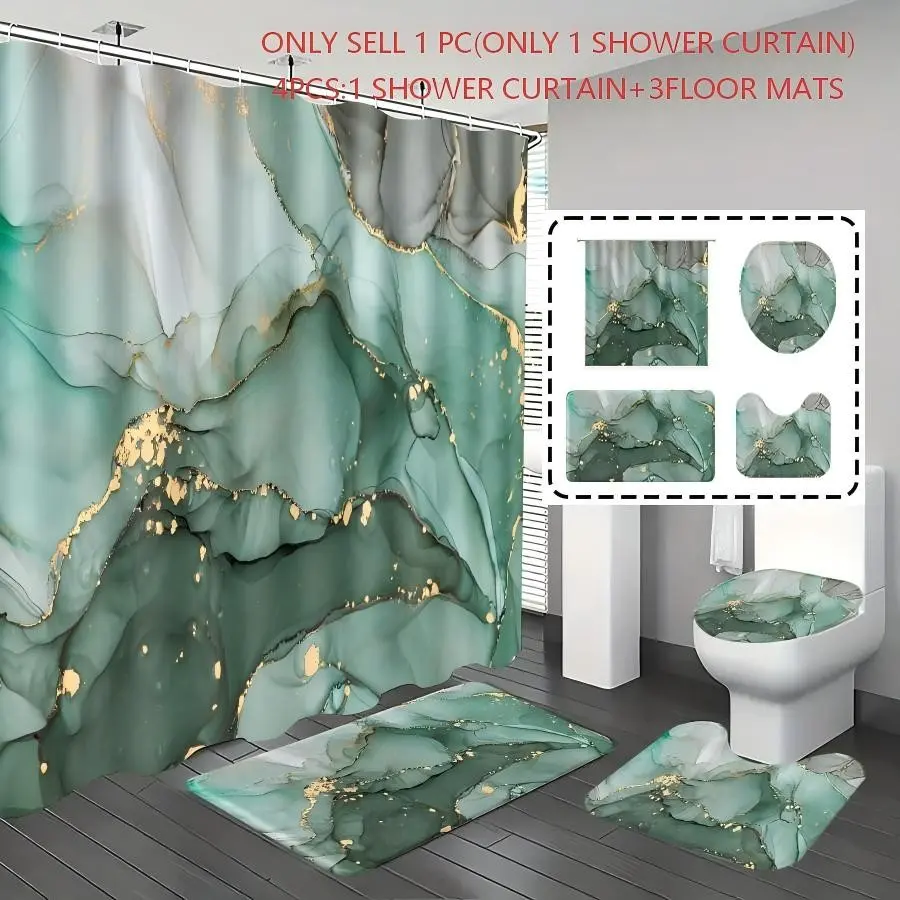 1pc/4pcs, bathroom curtains shower, bathroom set, shower curtain sets, Boho Shower Curtains For Bathroom, bathroom decor, bathroom rug, green watercolor marble pattern, theme decoration, with 12 hooks