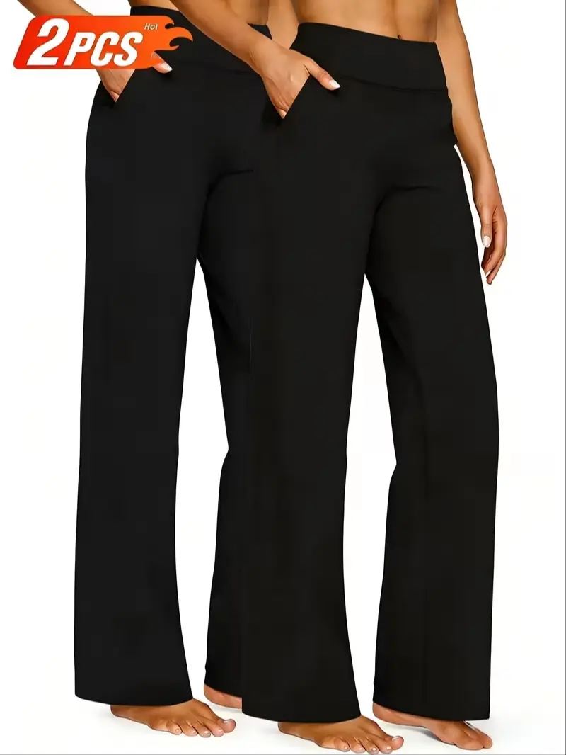 Women's 2-Pack High Waist Straight Leg Athletic Pants - Stretch, Side Pockets, Summer Gym Workout Trousers (Women's Pants Multi Pack)