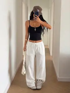 Women's Summer 2026 Two Piece Set - Casual Black sling Crop Top and White Linen Wide Leg Pants Style