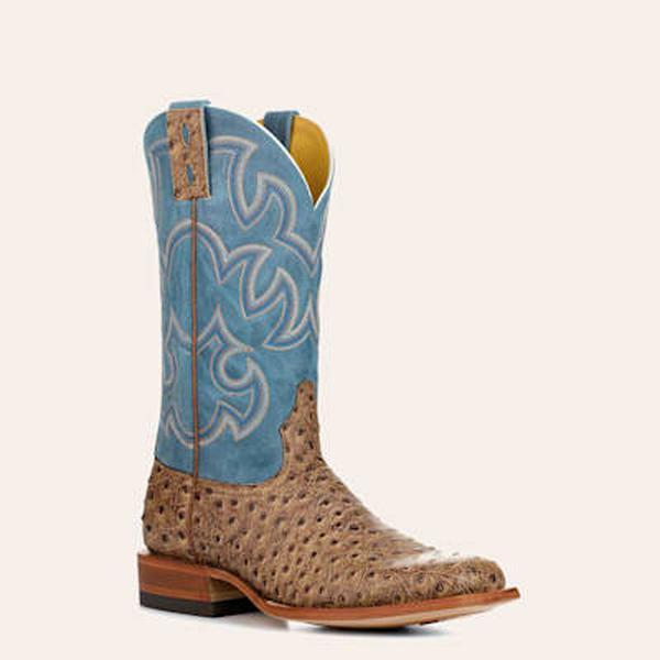 Cavender's Men's Endurance Blue and Sand Ostrich Print Wide Square Toe Cowboy Boots