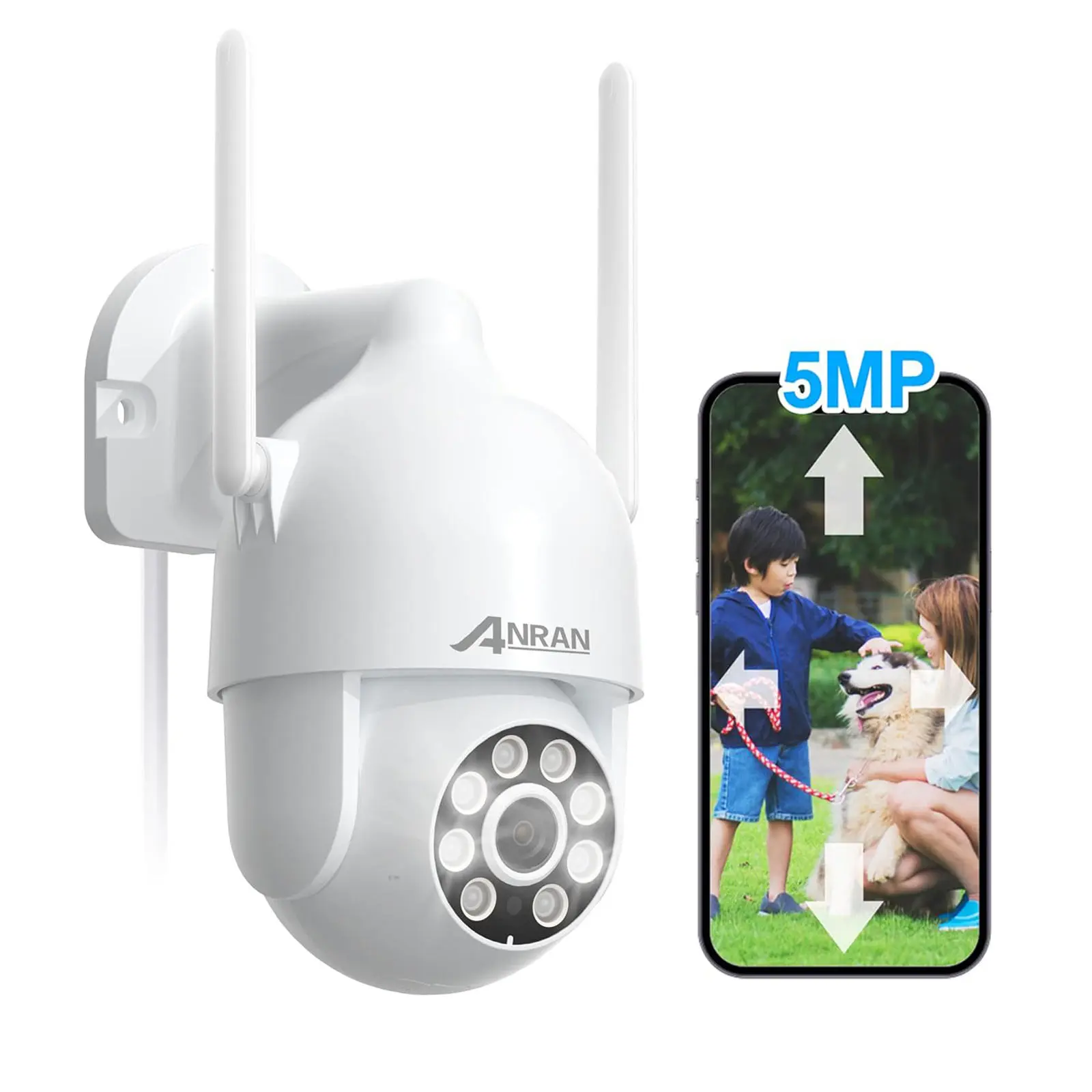 ANRAN Outdoor Wi-Fi PTZ Security Camera - Wired 5MP, Color Night Vision, 360° View, IP65 Waterproof, 2-Way Audio, Cloud Storage, Smart Siren Alarm, Wall-Mounted Home Surveillance IP Camera