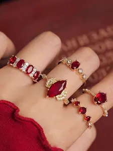 Five-Piece Set Fashionable Stylish Versatile Creative Unique Sparkling Ruby Rings for Women Daily Party Holiday Commuter Jewelry