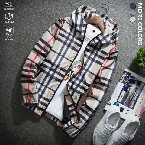 Men's Plaid Lightweight Trench Coat for Spring and Autumn - Comfortable Casual Versatile Jacket with Hood, Perfect for Outdoor Activities, Mountaineering, Sports, and Daily Commutes, Windproof and Warm Full Zip, Ribbed Cuffs and Hem