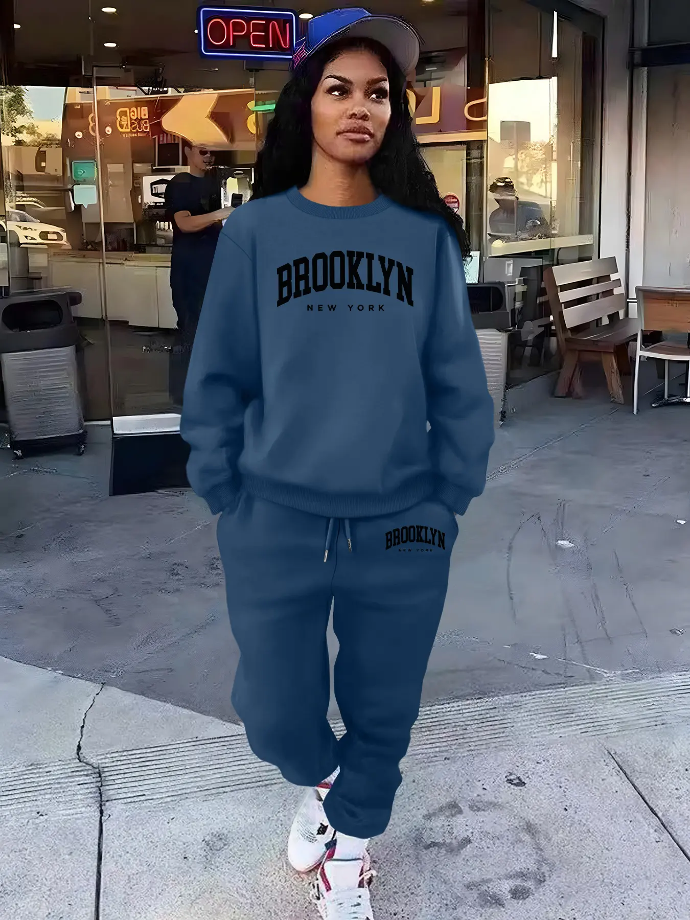 BROOKLYN Letter print Women's 2 Piece Set Women's Casual Loose-Fit Sportswear Set, Round Neck Long Sleeve Pullover & Slim Fit Pants, Fall Winter