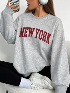 Trendy New York Letter Vintage Distressed Graphic Sweatshirt, Women's Fitted Round Neck, Casual Sportswear for Fall & Winter