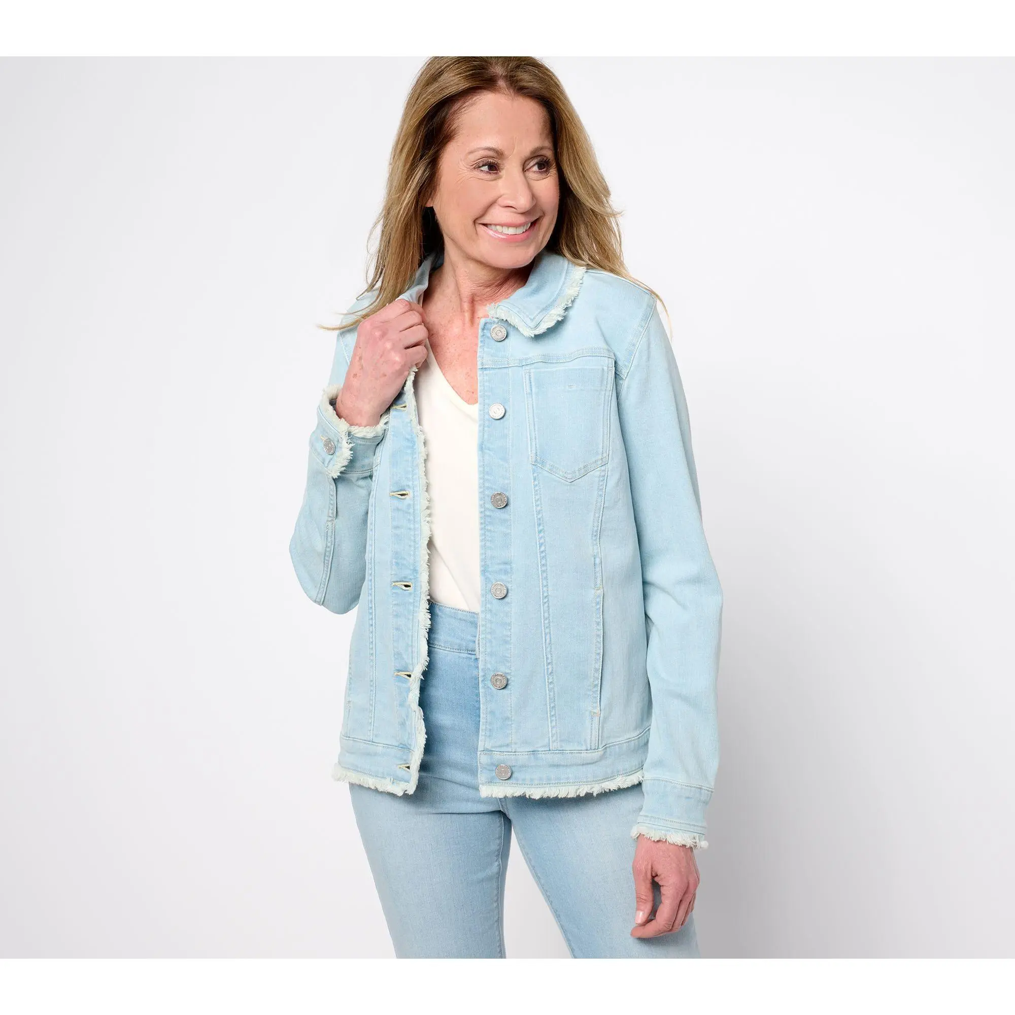Susan Graver Stretch Denim Button-Front Frayed Jean Jacket