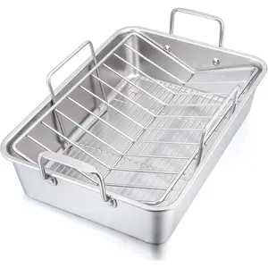 16" Roaster Roasting Pan with Baking Rack and V-Rack, Stainless Rectangular Lasagna Pan with Handles for Turkey, Healthy & Dishwasher Safe, 3 Pieces, Silver