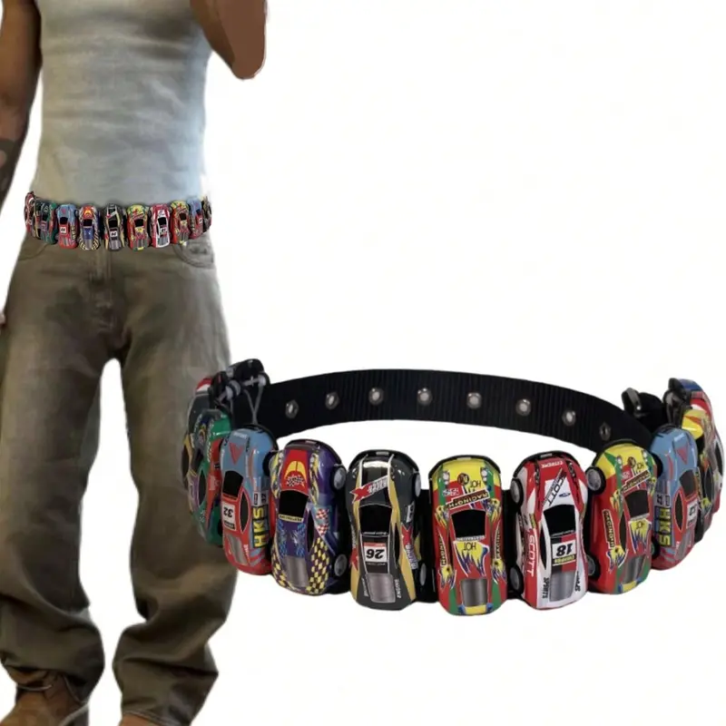 Unisex Handmade PU Leather Belt with Mini Race Car Charms, Vintage Y2K Style, Street Fashion Accessory, Trendy Durable Belt with Buckle, Fashion Belts
