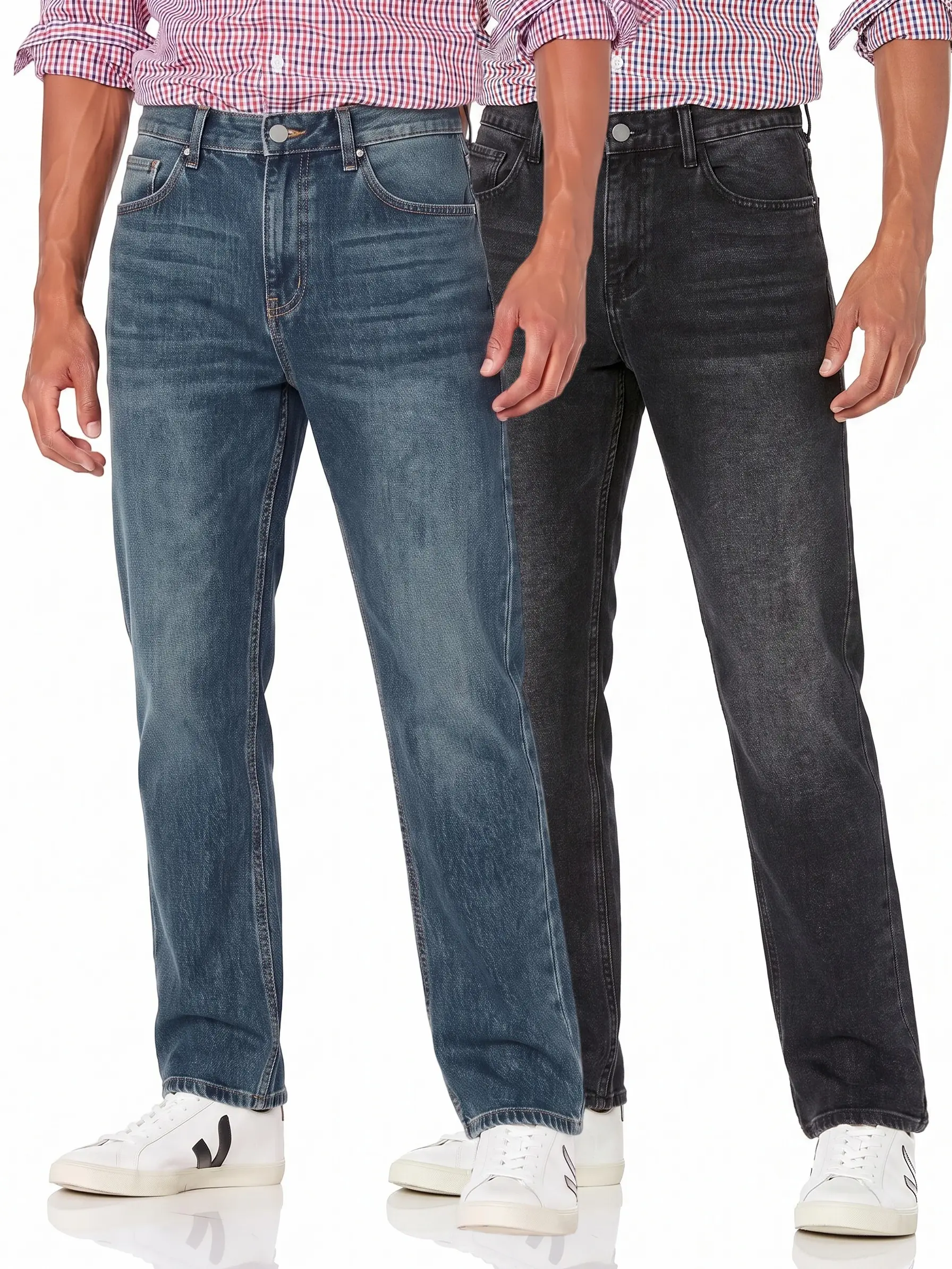 2-PCS Men's Straight Leg Cotton Denim Jeans, Mid High Waist Classic 5 Pocket Design, Relaxed Straight Fit, Soft Washed Cotton Denim Casual Daily Bottoms Value Pack