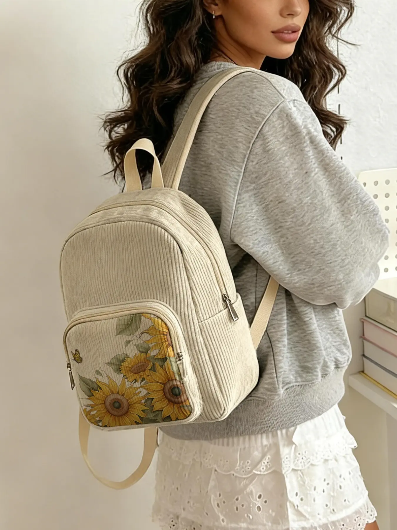 1 lady's double shoulder bag with 2D printed sunflower pattern, chenille texture + layered storage + lightweight, perfect for students to go to class/shopping, versatile backpack, Casual printed backpack, combination of atmosphere and practicality