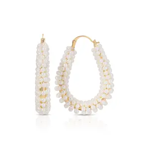 Ettika Pearl Wrapped Hoop Earrings with 18k Gold Plated Zinc Acrylic Pearls 2" x 1.55" Elegant Jewelry for Adults