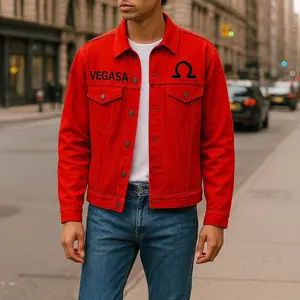 Andersonvegas Unisex Red Denim Jacket with 'VEGASA' Embroidery and Libra Logo for Casual Wear