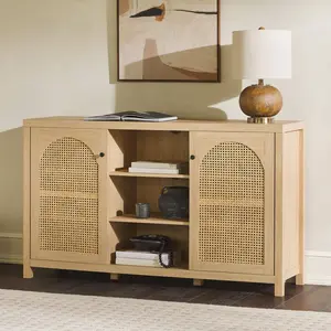 Walker Edison SAHD5DCO 58 in. 4-Door Coastal Oak Sideboard with Arched Rattan Panels - Double Door, Faux Wood, Large Capacity, Light Wood, Luxury Modern Cupboard, Double Door Sideboards, Faux Wood Sideboards
