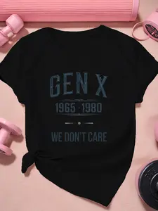 X Generation Women's Clothing  1965-1980s Nostalgic Print T-Shirt- "We Don't Care" Bohemian Style Black White Blue Geometric Pattern Short Sleeve Shirt, Breathable Casual Sports Top, Machine Washable"sport""Athleisure"