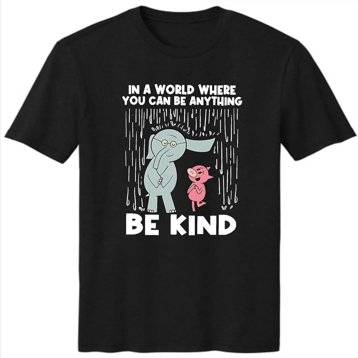 Unisex 100% Premium Cotton Trend Tops - Cartoon Elephant and Piggie Kindness Graphic Tee, Black, Suitable for Party & Everyday Sports & Outdoor Wear