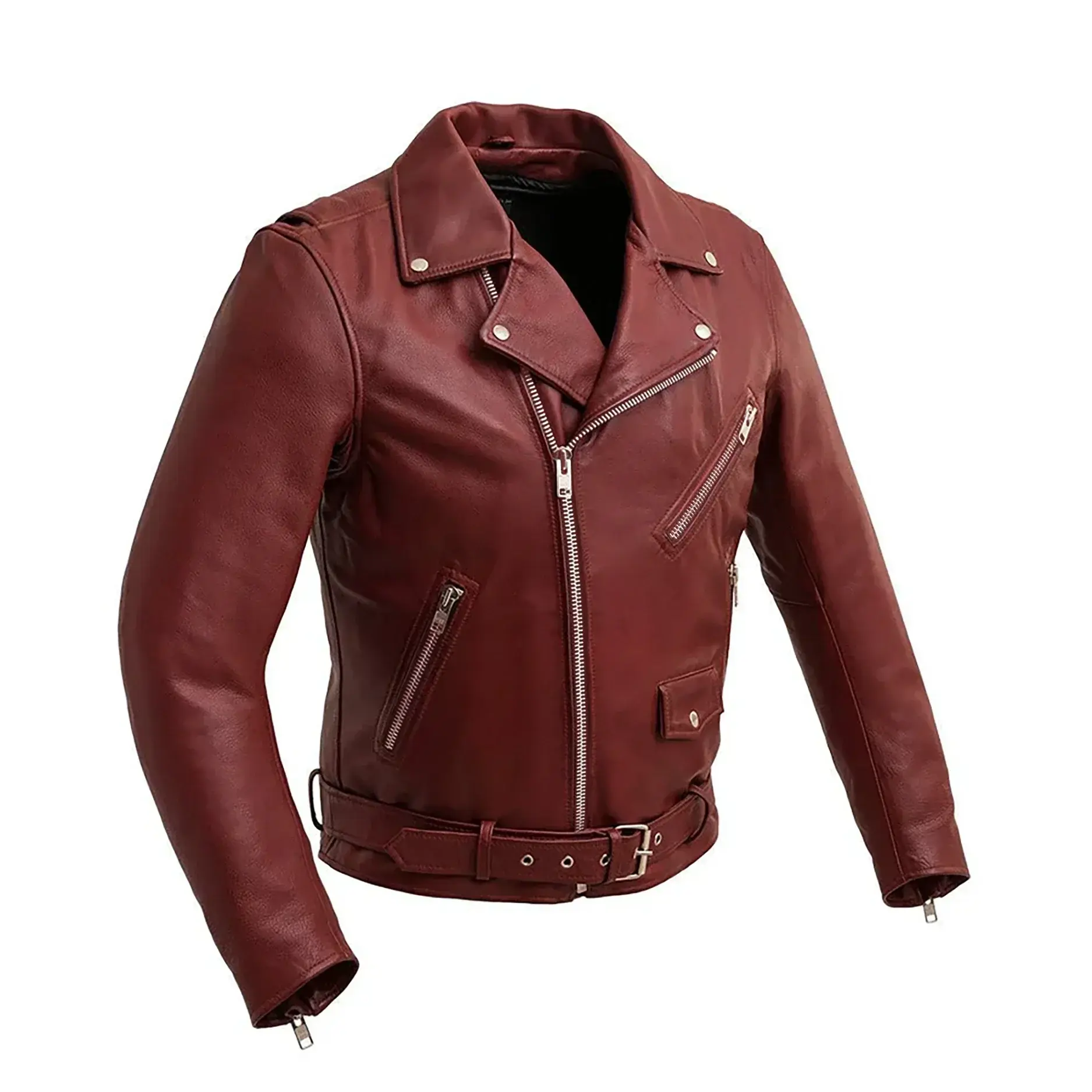 Manhattan Noir Men's Leather Motorcycle Jacket – Premium Drum Dyed Cowhide Biker Jacket with Thermal Liner Men Red Zip Long Sleeve Jacket