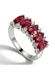 Gorgeous Statement Ring Jewelry for Wedding & Evening Parties,Five Marquise Red Crystal Sparkling Zircon Accents Gifts for Her