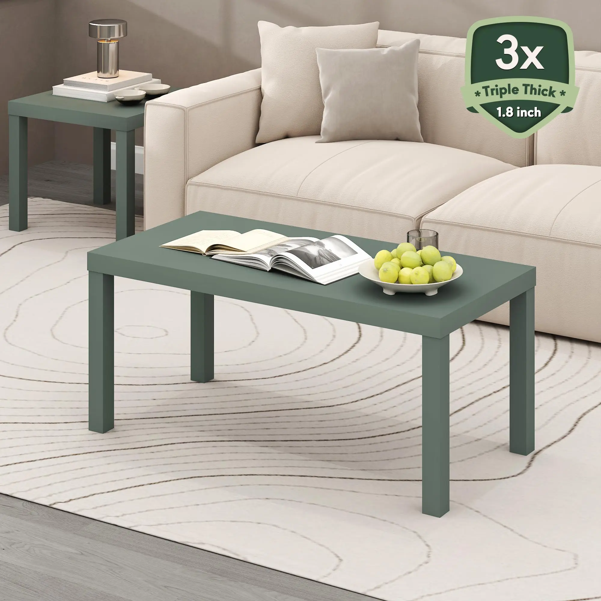 CLASSIC Coffee Table, Modern Rectangle Coffee Table with 1.8 Inch Thick Tabletop, Side Table for Living Room, Home Office, Sage Green