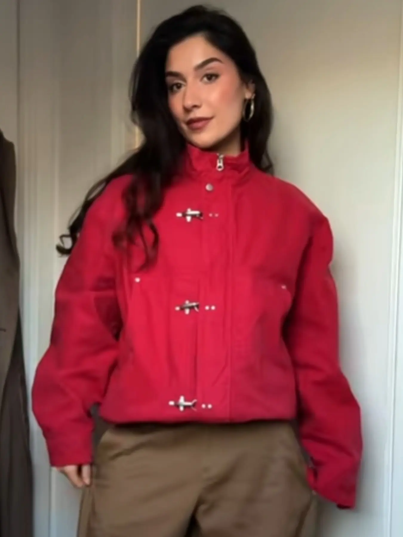 Unisex Red Oversized Bomber Jackets Women's Jacket Spring Autumn 2026 Casual Crop Long Sleeve Tops Metal Buckle Zip-Up Stand Collar Coats Moto Women's Biker Zipper Outerwears Casual Collared Outerwear Lady Womenswear