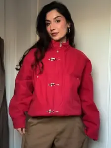 Unisex Red Oversized Bomber Jackets Women's Jacket Spring Autumn 2026 Casual Crop Long Sleeve Tops Metal Buckle Zip-Up Stand Collar Coats Moto Women's Biker Zipper Outerwears Womenswear