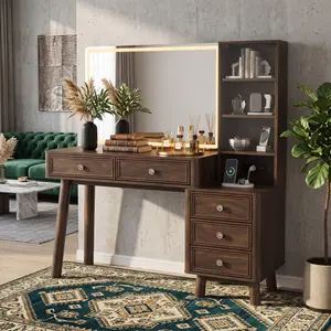 Makeup Vanity Desk with LED Lighted Mirror & Built-in Charging Station, 7 Drawers Vintage Dressing Table, Dust-Free Glass Storage Cabinet, 3 Color Dimmable Lights, Solid Wood Legs, Walnut/Natural Colors, Vanity for Bedroom, Stylish & Practical