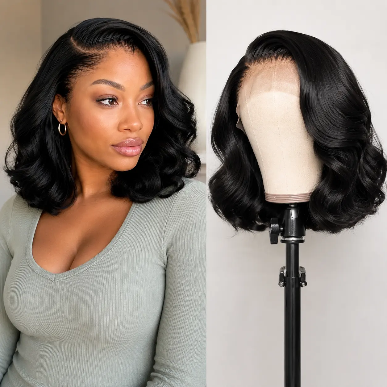 [LIVE ONLY $50] 14 Inch Natural Black 80% Human Hair Wig Deep Wave Body Wave & Straight Styles 13x4 Lace Front Soft Full Natural Looking Easy to Style Beginner Friendly For Women