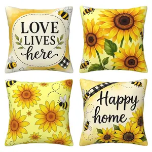 Sunflower Pillow Cover, Yellow Bee Hive Love Home Pillow Cover, Sofa Cushion Cover Suitable for Farmhouse Interior Home Decoration, 4-piece Set with Double sided Printing