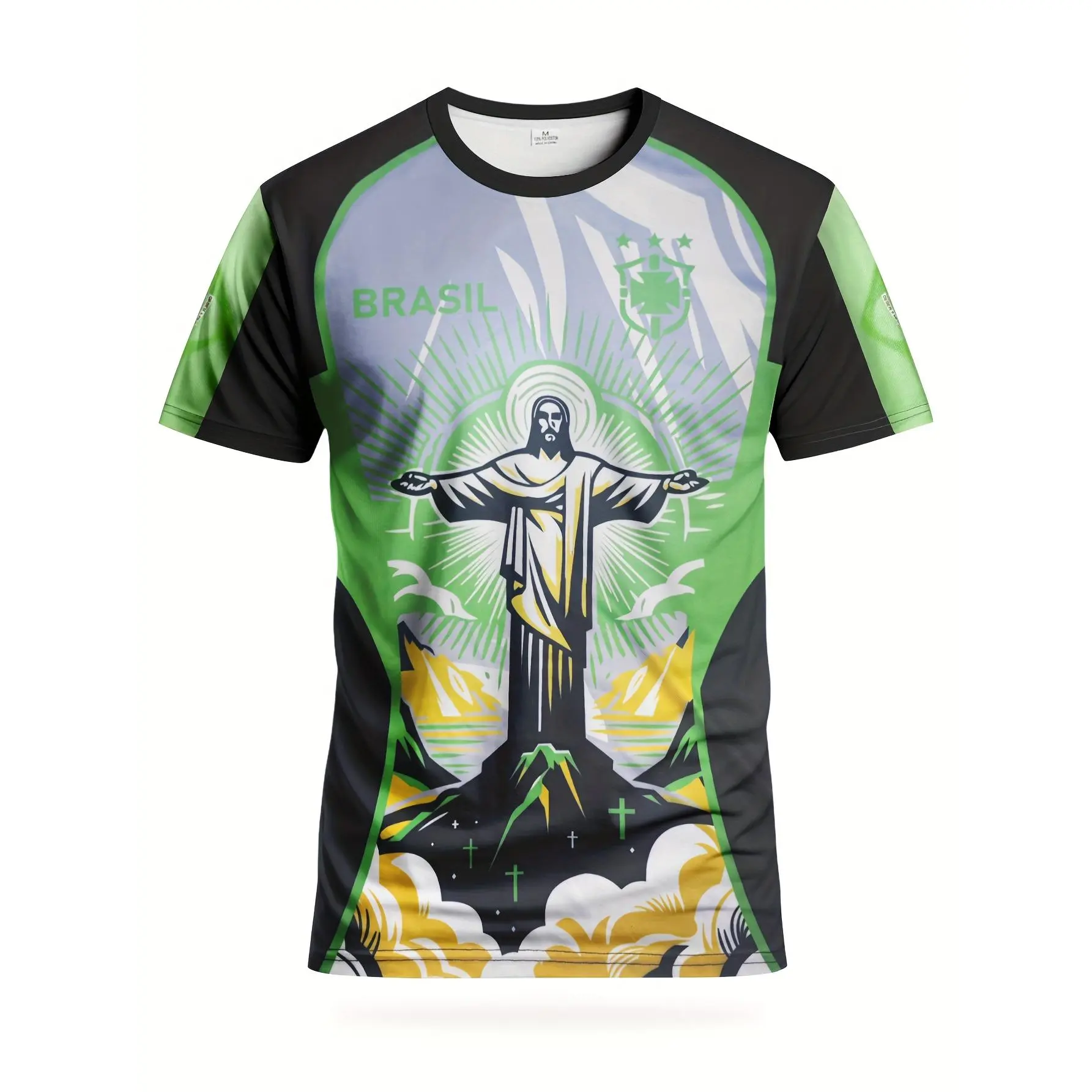 Men's Brazilian Style 100% Polyester Football Soccer Jersey Training Top - Moisture-Wicking Air Knit, Short Sleeve, Round Neck, Regular Fit, Breathable Multi-Size Apparel for Training, Matches, Machine Washable, Adult, Print Pattern