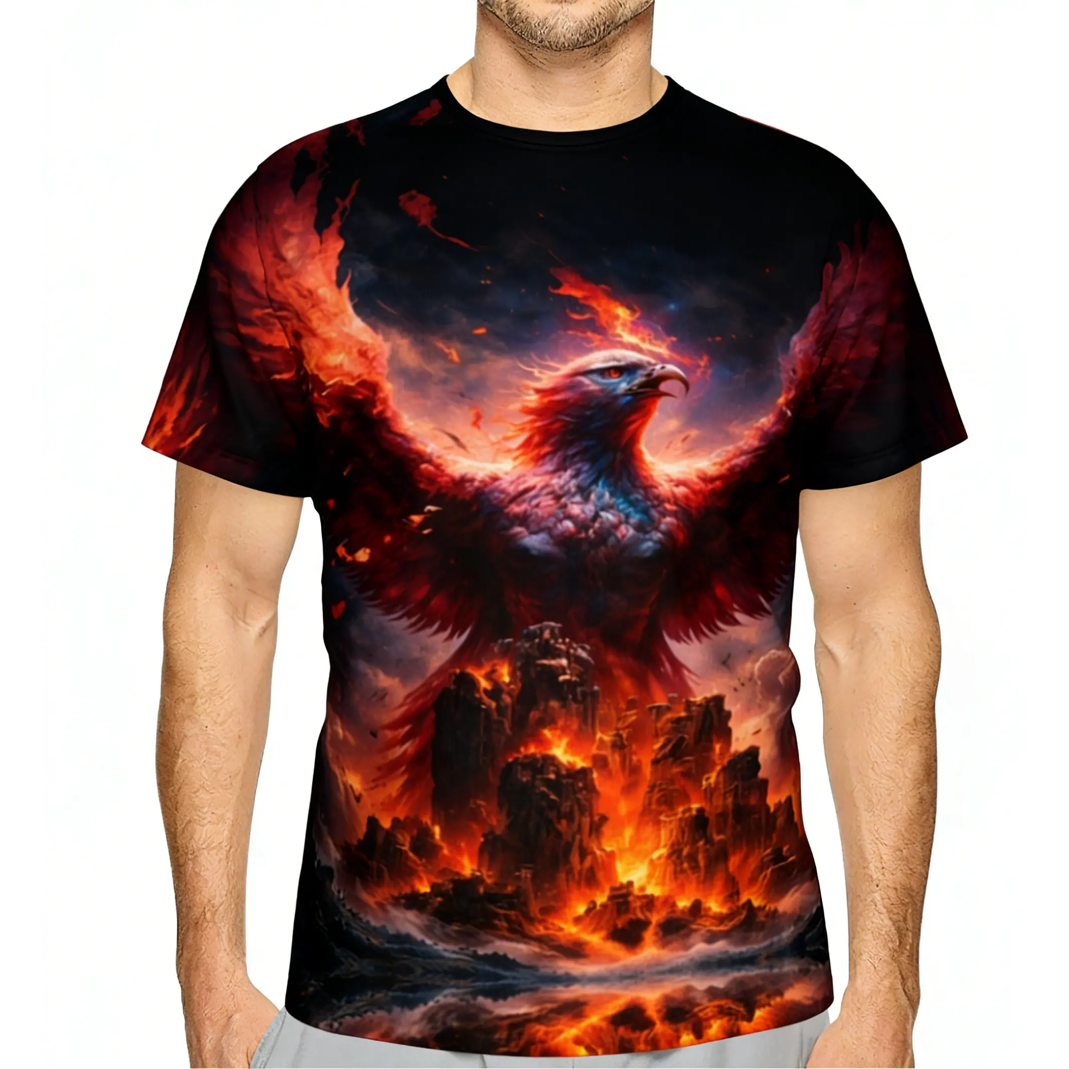 Men's Phoenix Rising Graphic T-Shirt, 3D Full-Print Polyester Crewneck, Comfortable Relaxed Fit for the Gym, Machine Washable