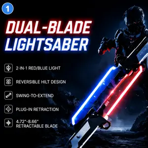 2-in-1 Dual-Blade Lightsaber Fidget Toy - Reversible Hilt, Red & Blue LED Light, Swing-to-Extend Retractable Gravity Sword, 3D Printed Telescopic Blade Cosplay Prop - Stress Relief Toy for Kids