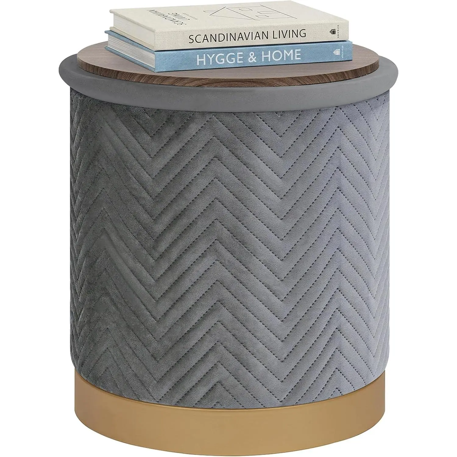 PINPLUS Round Grey Velvet Storage Ottoman, 14.7"x14.7"x16.3" – Small Footstool with Gold Base, Hidden Storage Ottoman Coffee Table for Living Room, Bedroom, Dorm, 220 LBS Capacity