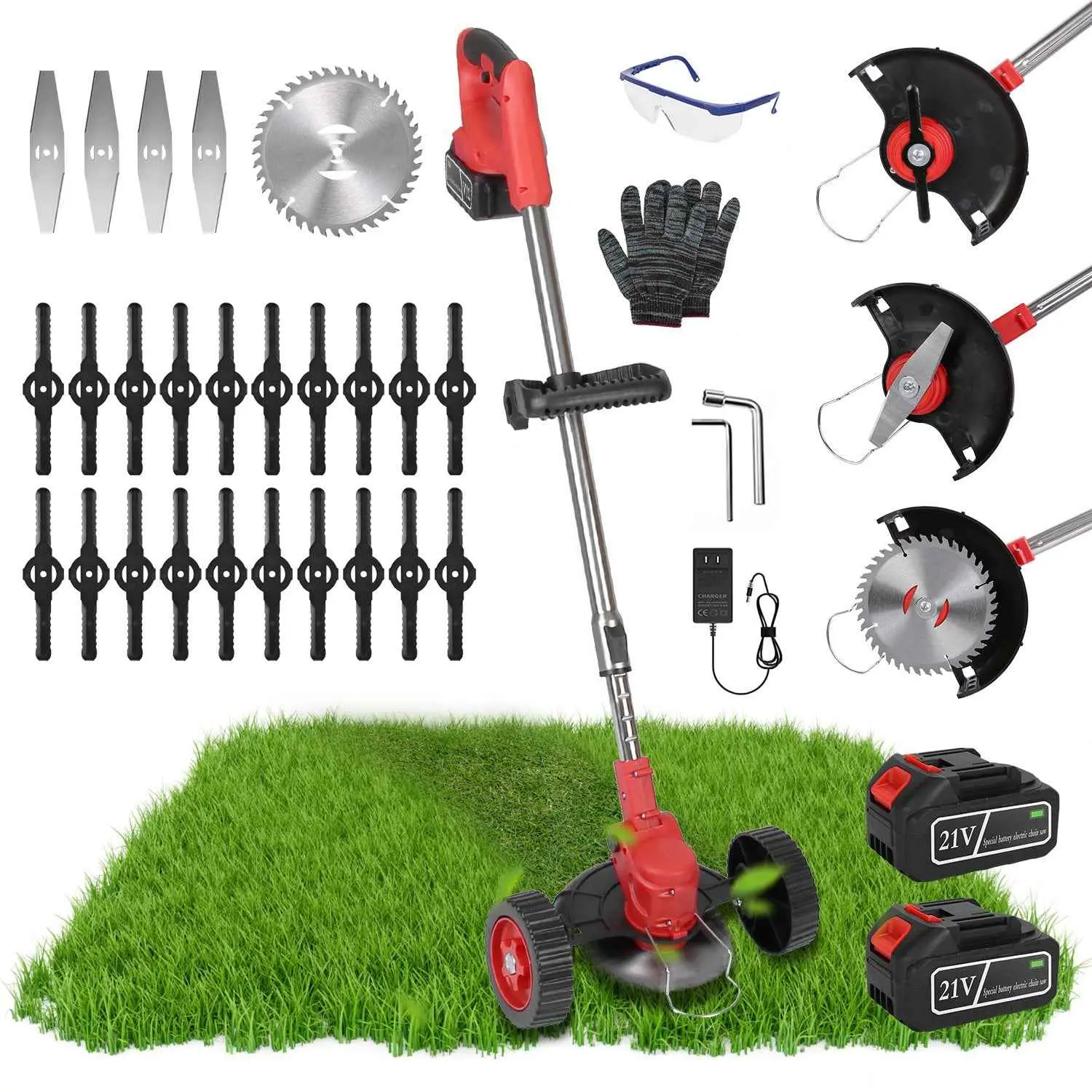 3-in-1 Cordless Grass Trimmer with Wheels - 800W Power, Multiple Heads, Lawn Trimming Garden Tool