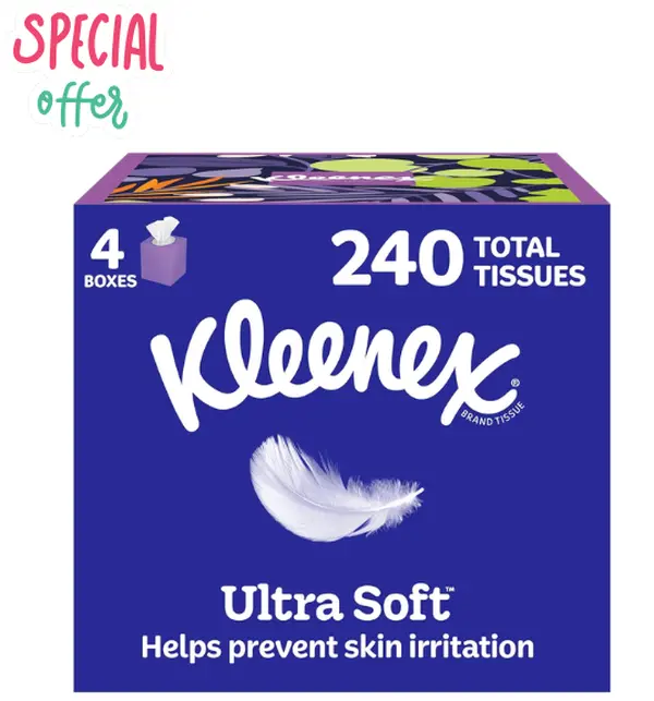 Kleenex Ultra Soft Facial Tissues, 4 Cube Boxes, 60 Tissues per Box, Multipurpose Napkin for Home Care Supplies