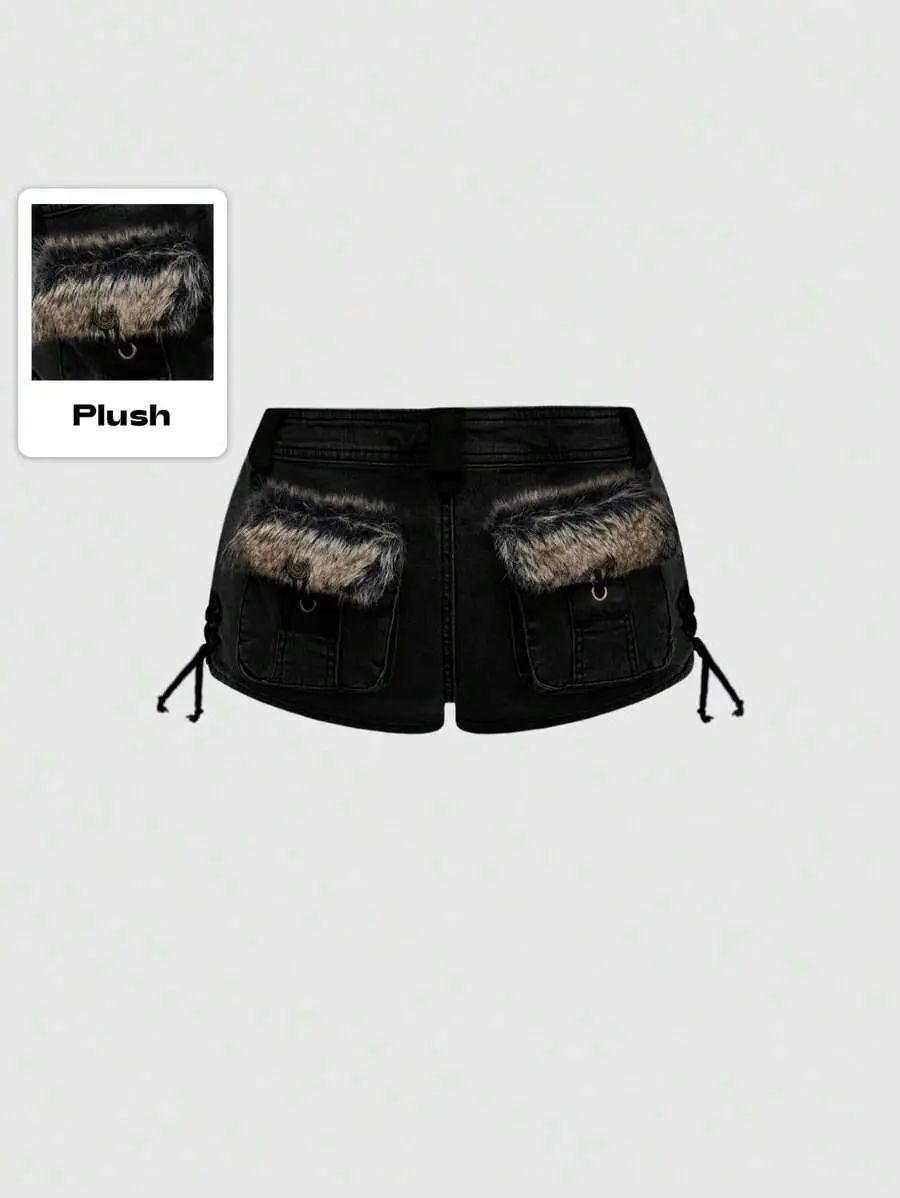 LUNA LAYER Womens Y2K Grunge Punk Patchwork Fuzzy Low Waist Denim Mini Shorts Dark Grey