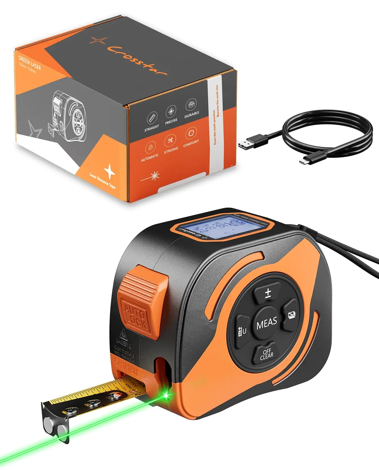 Crosstar 2-in-1 Digital Laser Measuring Tape - 197ft Laser Range, 532nm Green Beam, 16ft Manual Tape with Matte Blade, LCD Display, Tilt Angle Function, Pythagorean Mode, Magnetic Hook for Construction, Woodworking, Digital Measuring Tape