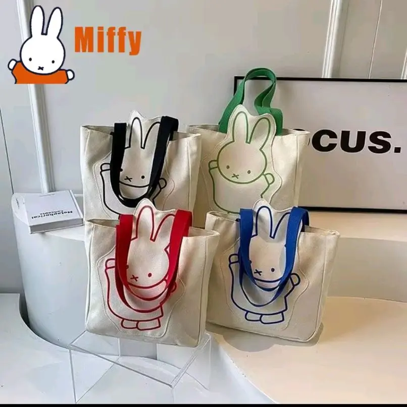 Kawaii Miffyy Simple Miffy Large Pattern Tote Bag | Cute Rabbit Shoulder Handbag Large Capacity Minimalist School Travel Girl