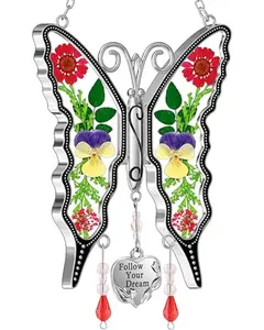 KY&BOSAM Butterfly Suncatcher for Windows Hangings Follow Your Dream Stained Glass Wind Chimes with Pressed Flower Heart Charm Birthday Gifts for Women Mother's Day Valentine's Christmas Home Decor