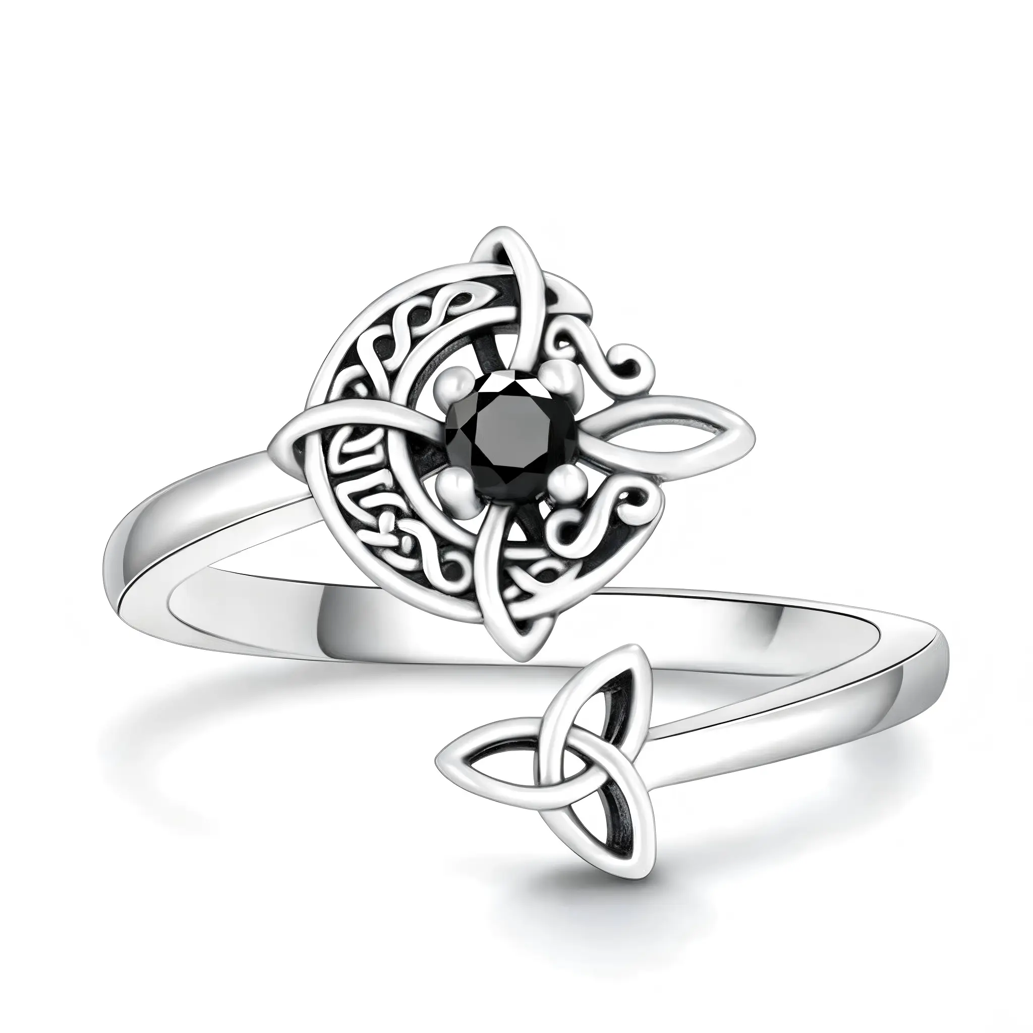 Witches Knot Obsidian Ring  Goth Crescent Moon - Adjustable Vintage Silver Tone Protection Jewelry for Women