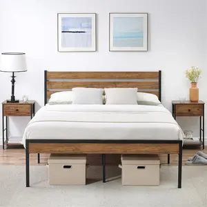 Queen Size Bed Frame with Headboard Footboard  Rustic Brown Wood Farmhouse Metal Platform Bedframe with Wooden Slat  Farm House Base Beds Foundation-Full Easy Assembly  No Box Spring Needed