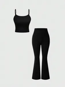 TikTok Viral Buttery Soft Flare Leggings & Crop Cami Two-Piece Set, Athleisure wear set | High Stretch Seamless Activewear for Yoga, Gym, Loungewear & Streetwear | Y2K Aesthetic Slim Fit Comfy Knit Outfit | Cozy Outfit