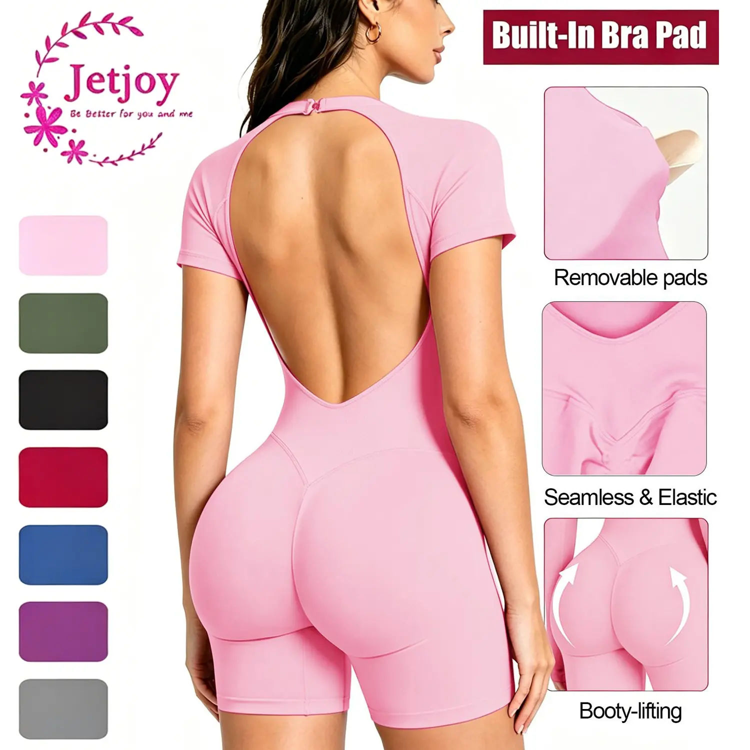 Jetjoy Seamless Long Sleeve Backless Romper, Built-in Sports Removable Pad Seamless Jumpsuit Tummy Control Romper for Women Workout Yoga Gym Seamless One Piece Jumpsuit Tummy Control Gym Shorts for Women, Workout Yoga Gym Seamless One Piece