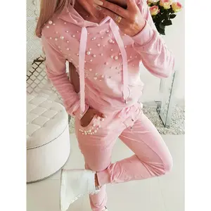 2026 Spring Chicme Beaded HoodedTop & Drawstring Pants Set Casual Two-pieceSweatshirt Sets Long Sleeve Sportswear