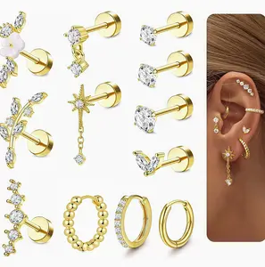12PCS CZ Crystal Cartilage Earring Set, Stainless Steel Flat Back Studs & Huggie Hoops, Hypoallergenic Flower/Star/Leaf Piercing Jewelry for Women