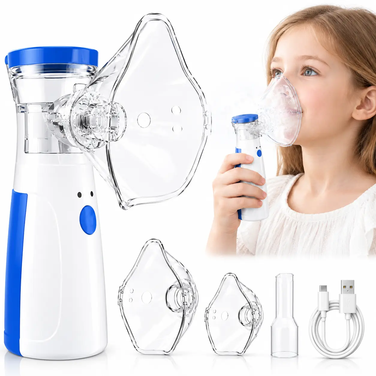 Personal Care Nebulizer Machine for Daily Use, Lithium Battery Powered, Includes Large Mask, Small Mask, Mouthpiece & USB Charging Cable, Easy-to-Carry Design for Home, Bedroom, Office & Travel