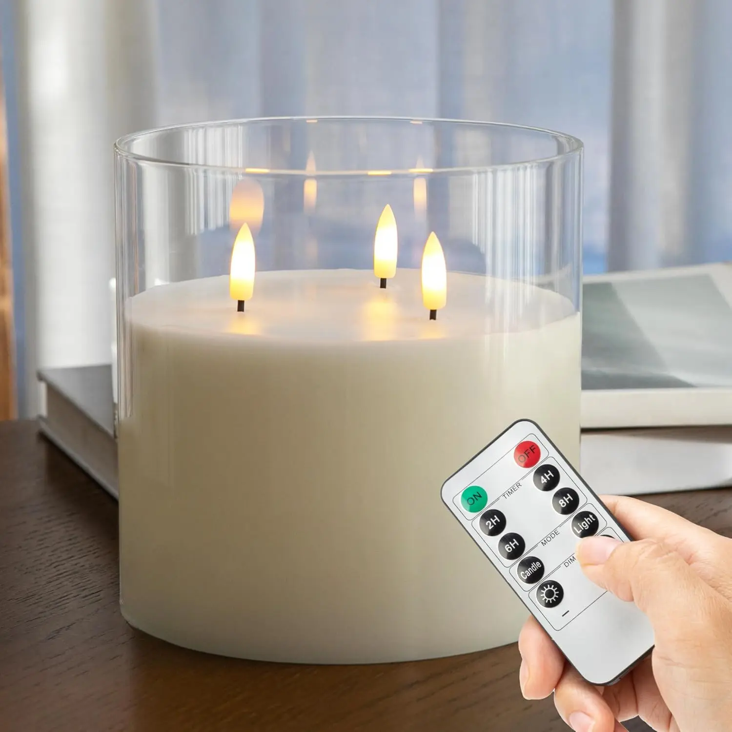 Extra Large 3 Wicks Flameless Candles 6"x6" Clear Glass Battery Operated Real Wax Flickering LED Candles with Remote for Home Wedding Party
