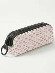 1 piece of pink bow with heart pattern 2D printed large zipper pencil case, storage bag, spacious zipper makeup bag school supplies and stationery, durable polyester