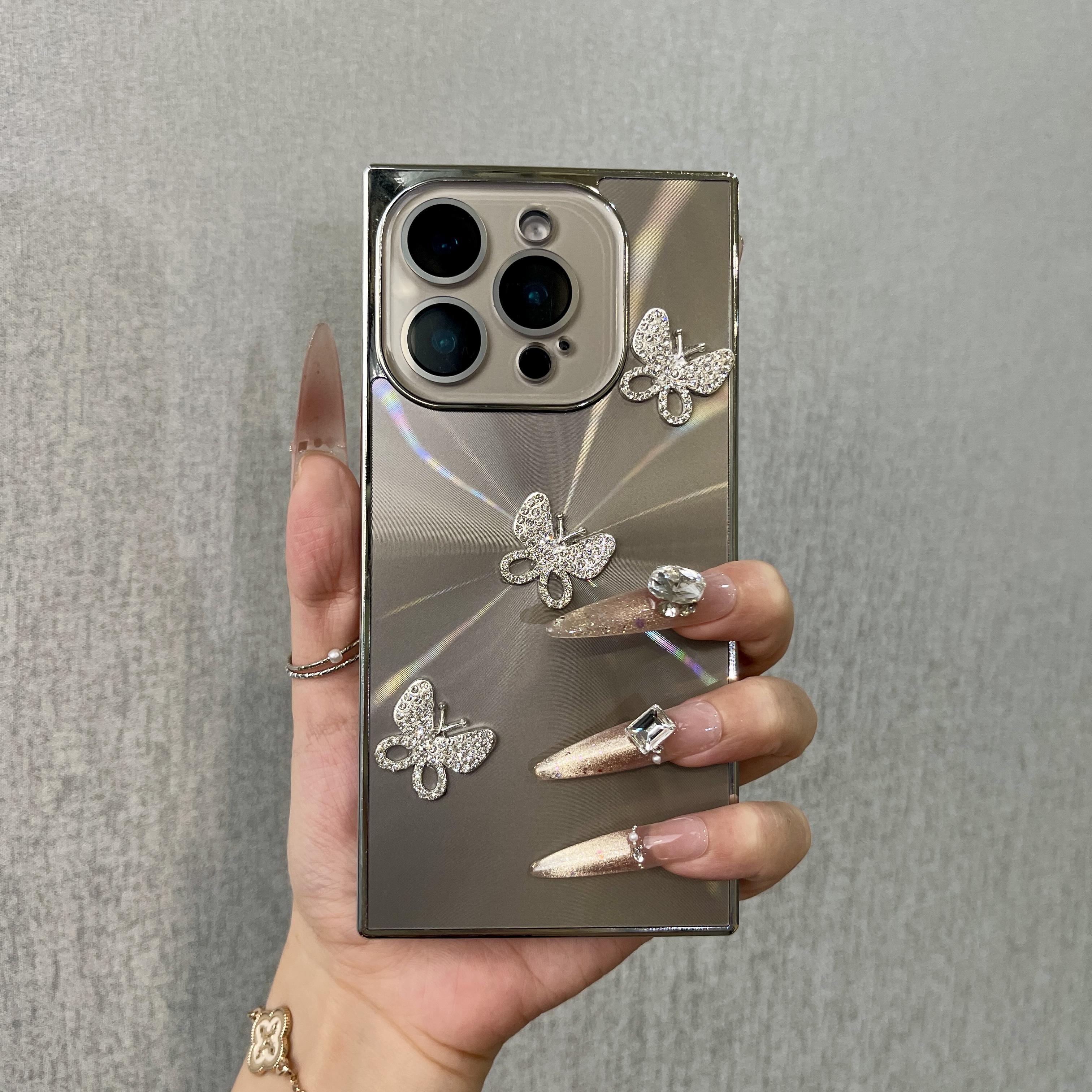 Luxury 3D Rhinestone Butterfly Square Edge Phone Case, Bling Glitter Electroplated Full Camera Protection Shockproof Cover for junk